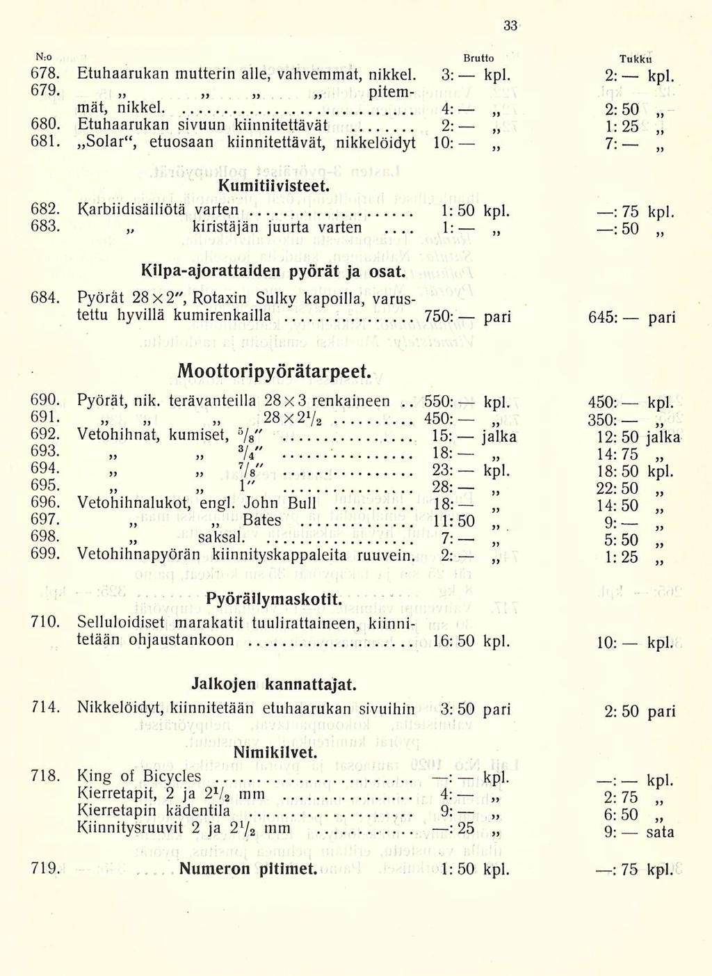 1: 550: kpl. N:0 Brutto Tukku 678. Etuhaarukan mutterin alle, vahvemmat, nikkel. 3: kpl. 2: kpl. 679. pitemmät, nikkel 4: 2:50 680. Etuhaarukan sivuun kiinnitettävät 2: 681.