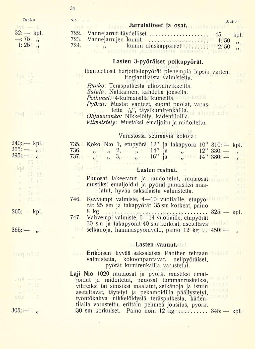 450: Tukku N>o Brutto Jarrulaitteet ja osat. 32: kpl. 722. Vannejarrut täydelliset 45: kp) : 75 723. Vannejarrujen kumit 1:50 1: 25 724. kumin ~ aluskappaleet 2:50 Lasten 3-pyöräiset polkupyörät.