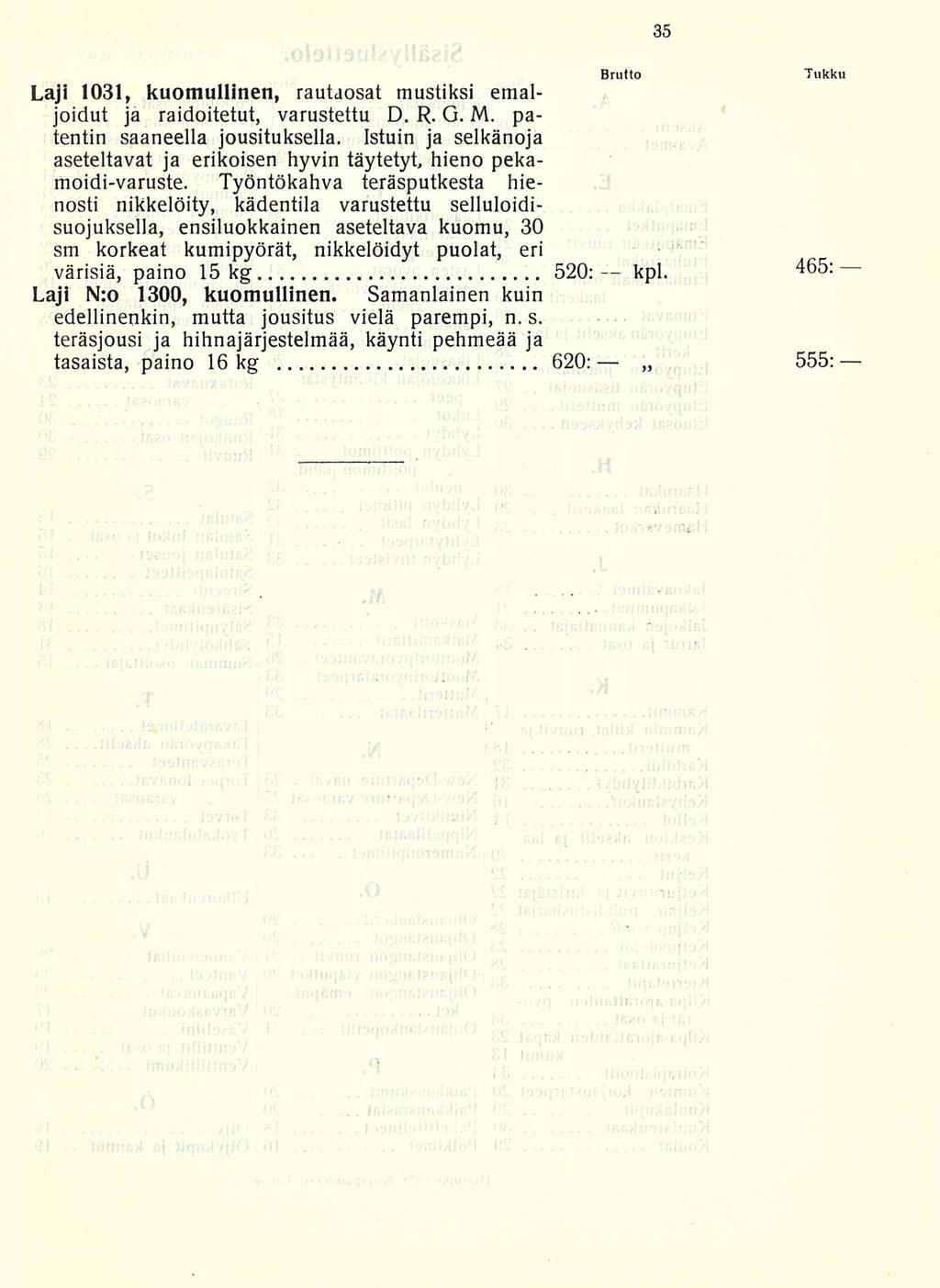 Brutto Laji 1031, kuomullinen, rautaosat mustiksi emaljoidut ja raidoitetut, varustettu D. R. G. M. patentin saaneella jousituksella.