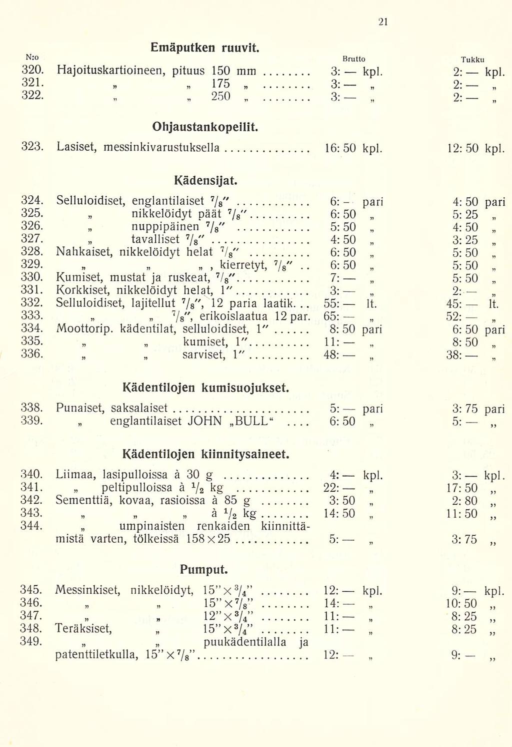 6:50 55; pari Emäputken ruuvit. N:0 Brutto Tukku 320. Hajoituskartioineen, pituus 150 mm 3: kpl. 2: kpl. 321.. 175 3:- 2:- 322. 250 3: 2: Ohjaustankopeilit. 323.