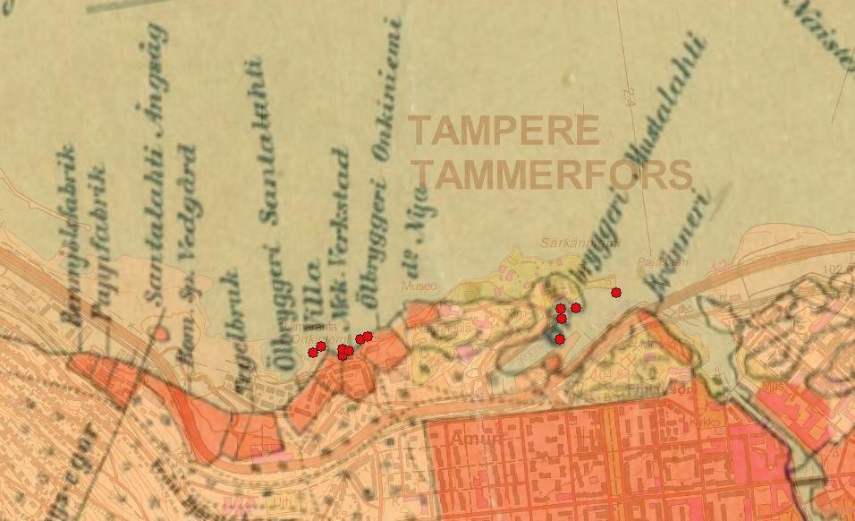 Vuoden 1887 asemakaavakarttaa aseteltiin nykyisen peruskartan päälle ja kuvaan lisättiin tutkimuksessa löydetyt vedenalaiset rakenteet (kartta 8).