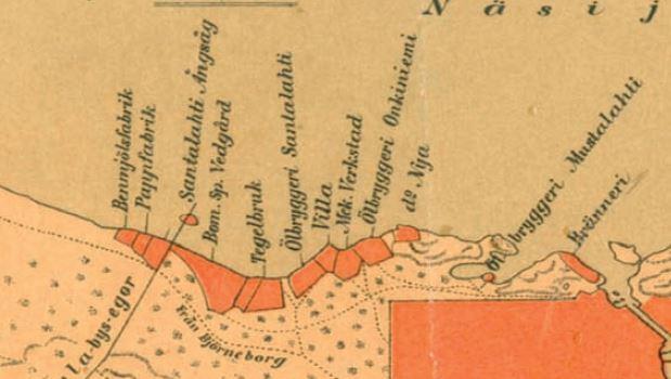 Onkiniemen ja Särkänniemen välinen alue on kasvanut tärkeäksi teollisuusalueeksi 1800-luvulta lähtien. Rannoilla on sijainnut runsaasti erityyppisiä tehtaita ja panimoita (kartat 3-4, kuva 2).