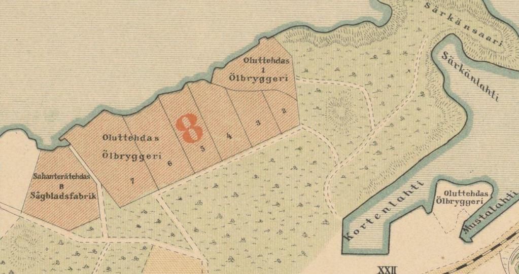 Kartta 4. Karttaote Tampereen vuoden 1896 asemakartasta. Kartassa Onkiniemen uimarannan itäpuolelle on merkitty Sahanterätehdas (aiemmin Onkiniemen konepaja/mek. Verkstad) sekä Oluttehtaiden tontit.