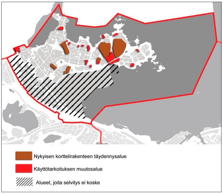 esitetty merkinnällä käyttötarkoituksen muutosalue ja täydennysalue viherverkolla sekä Backmaninpuisto merkinnällä viheralueena säilytettävänä alue.