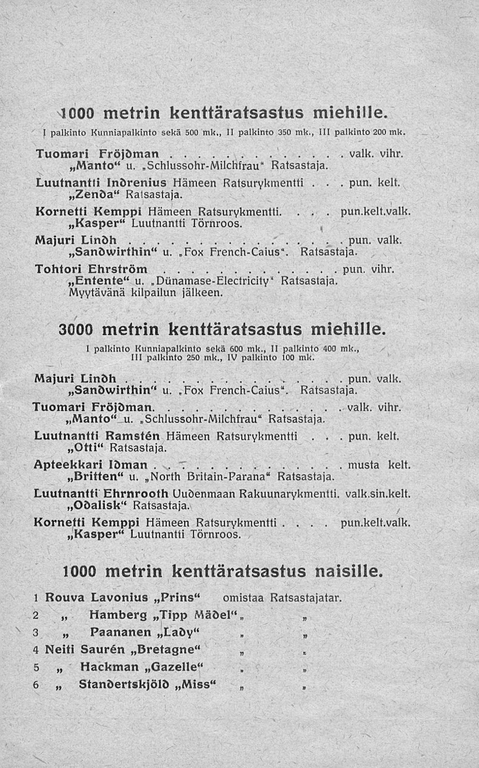 T pun metrin kenttäratsastus miehille I palkinto Kunniapalkinto sekä 500 mk II palkinto 350 mk, 111 palkinto 200 mk Tuomari Fröjöman Mänto" v Schlussohr-Milchfrau" Ratsastaja valk vihr Luutnantti