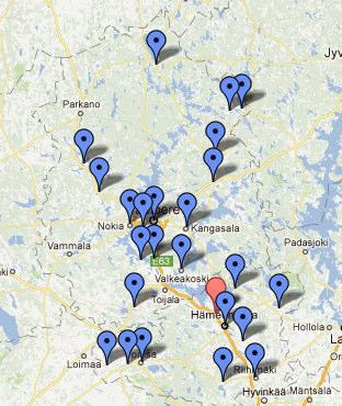 Forssa 1 Hattula 4 Hauho 1 Hämeenkyrö 3 Hämeenlinna 2 Ikaalinen 1 Janakkala 2 Jokioinen 1 Juupajoki 2 Kangasala 2 Lammi 3 Lempäälä 1 Loppi 2 Mänttä 3 Nokia 3 Orivesi 2 Pirkkala 1 Riihimäki 1 Tampere