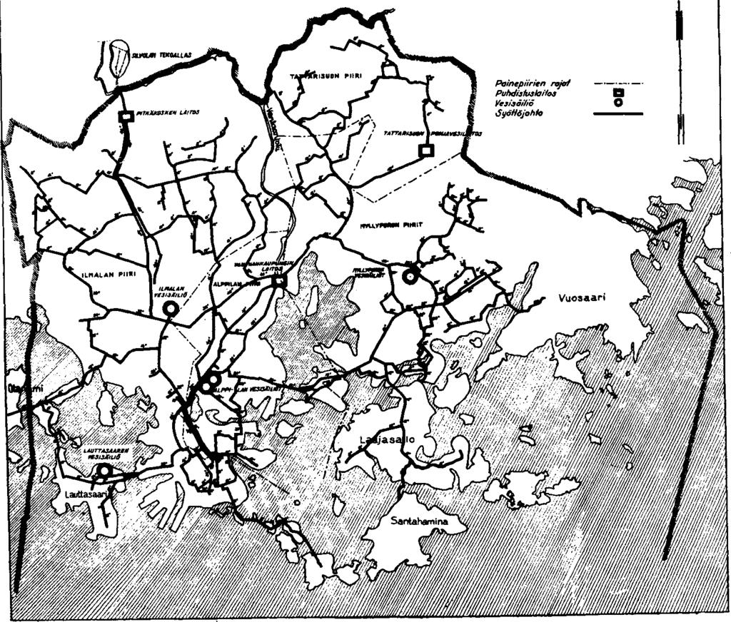 PÄÄSiÖTTÖJOHDOT JA PAIMEPIIRIT Kuva n :o 4. Syöttö johdot ja painepiirit Main network and pressure zones. Vesimittarit Käytössä olevien vesimittareiden lukumäärä lisääntyi vuoden kuluessa 510 kpl.lla.
