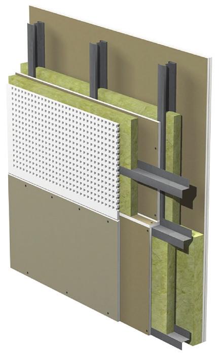 Muut Gyptone BIG-ratkaisut Pientalon akustiikka BIG Quattro 73 Reikien koko: 3 x 3 mm, kk 8,33 mm Reikäala: 10 % Modulikoko: 900 x 2700 mm Paksuus: 12,5 mm Akustinen seinä Gyproc Akustisen seinän