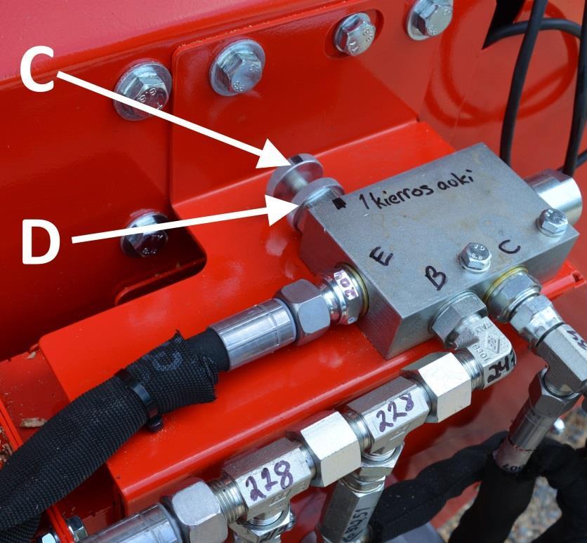 Varmista, että virtauksen säätöruuvi C on oikeassa arvossa seuraavasti. Kuva 17a. - Löysää lukitusmutteri D. - Pyöritä säätöruuvi C täysin kiinni eli pohjaan.