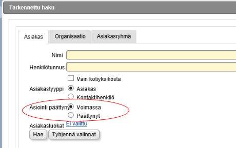 Jos asiointi päättyy samana päivänä kuin asiakasta haetaan, katsotaan asiakas edelleen voimassa olevaksi. Kotikunnan perusteella haku Työpöytä Kotikunnan perusteella haku kohdistui postitoimipaikkaan.