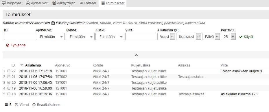 7. Tilastot ja laskutus Toimituksissa listaus tehdyistä kuljetuksista lisätietoineen Klikkaamalla