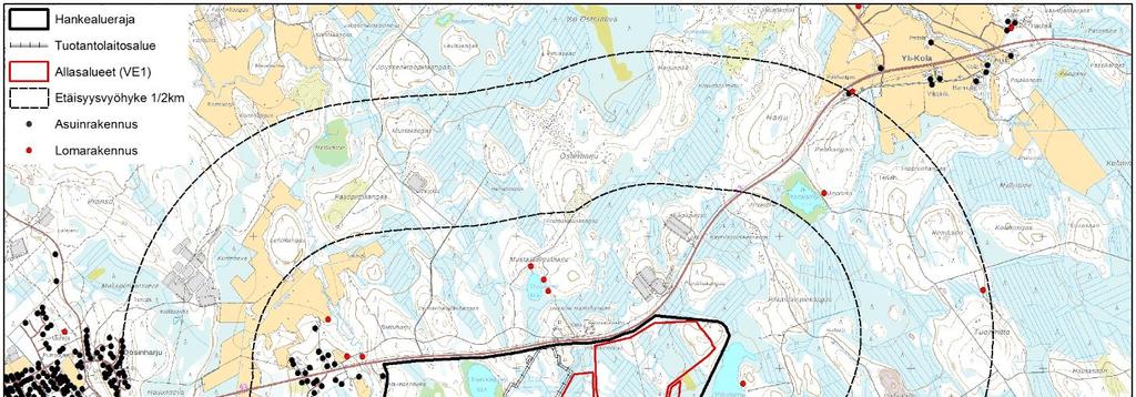 Kuva 5. Tuotantolaitosalue sekä asuin- ja lomarakennusten sijoittuminen.