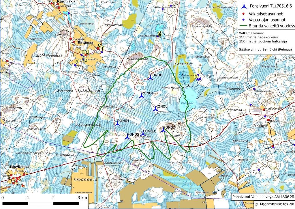 Sivu 8 / 11 Kuva 2. Varjovälkkeen muodostuminen Ponsivuoren alueella. Havainnointipisteet on merkitty kuvaan (a-i) ja niiden välketasot on esitetty taulukossa 4.