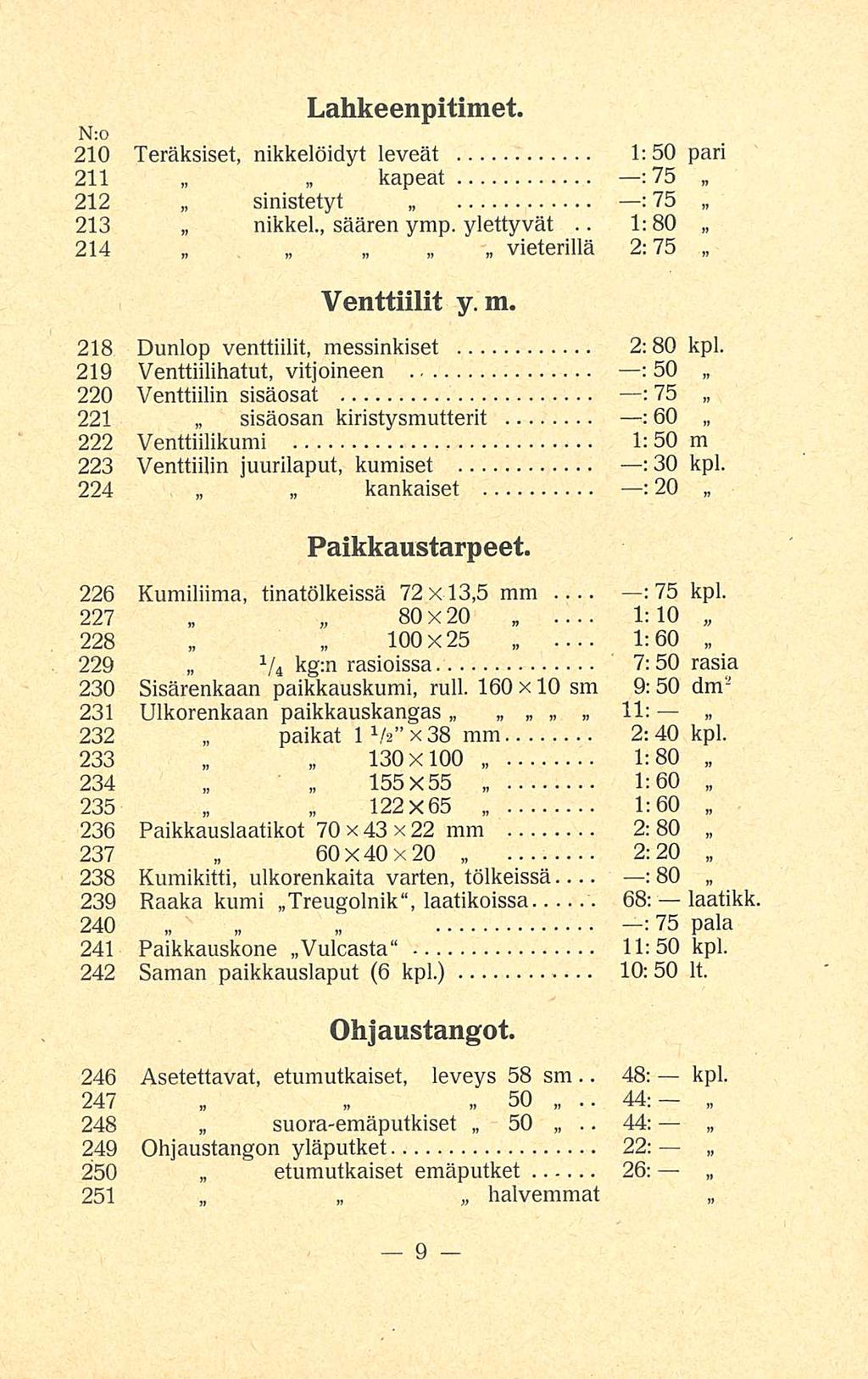 1:80 48:.. 44; Lahkeenpitimet. N:o 210 Teräksiset, nikkelöidyt leveät 1:50 pari 211 kapeat :75 : 212 sinistetyt 75.. 213 nikkel, säären ymp. ylettyvät 214 vieterillä 2:75 Venttiilit y. m.