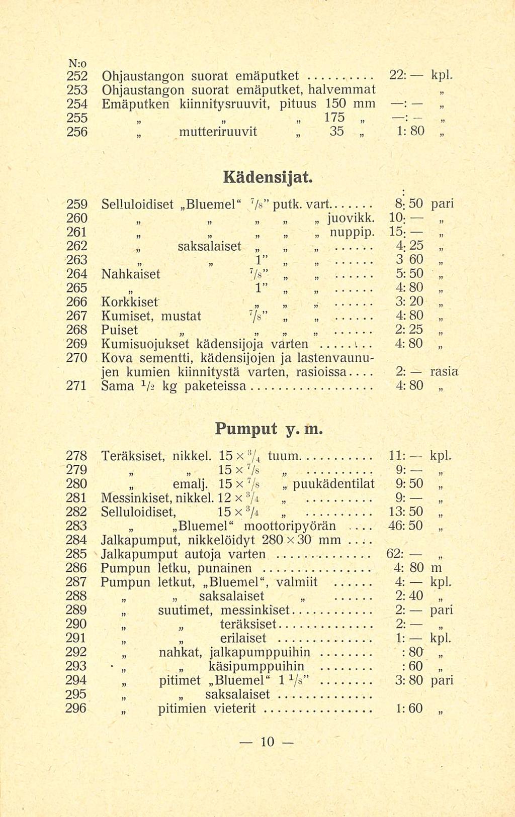 46; N:o 252 Ohjaustangon suorat emäputket 22: kpl. 253 Ohjaustangon suorat emäputket, halvemmat 254 Emäputken kiinnitysruuvit, pituus 150 mm : - 255 175 : 256 mutteriruuvit 35 1: 80 Kädensijat.