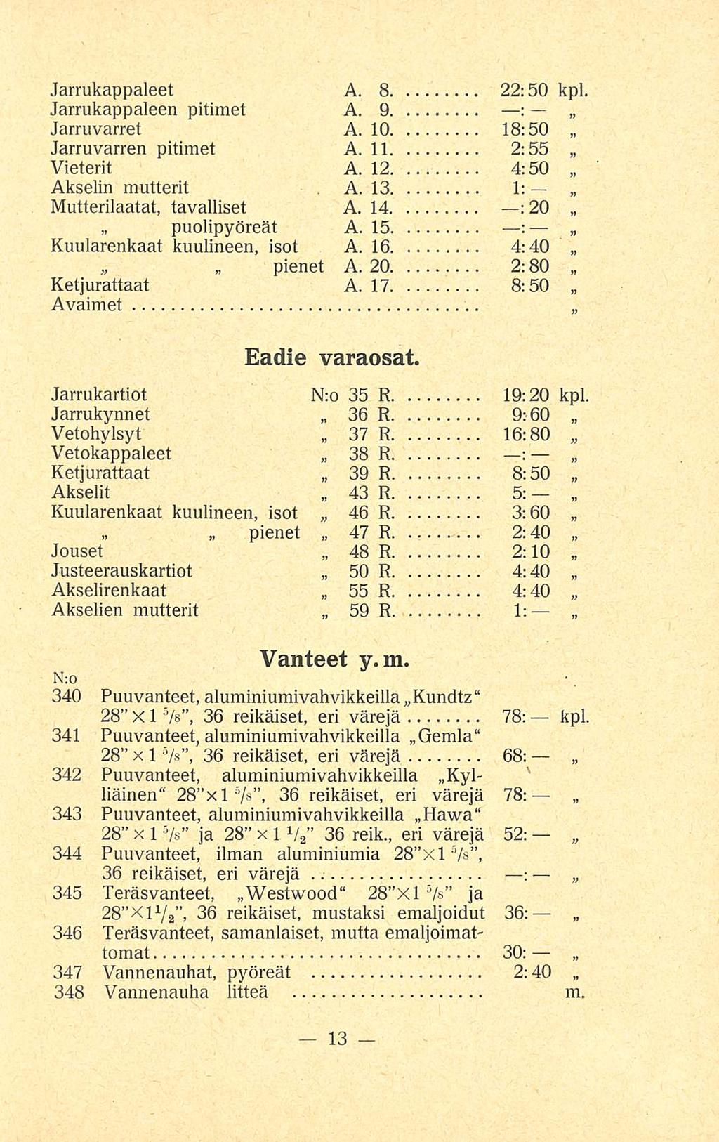 Jarrukappaleet A. 8 22:50 kpl. Jarrukappaleen pitimet A. 9 ; Jarruvarret A. 10 18:50 Jarruvarren pitimet A. 11 2:55 Vieterit A. 12. 4:50 Akselin mutterit A. 13 1: Mutterilaatat, tavalliset A.