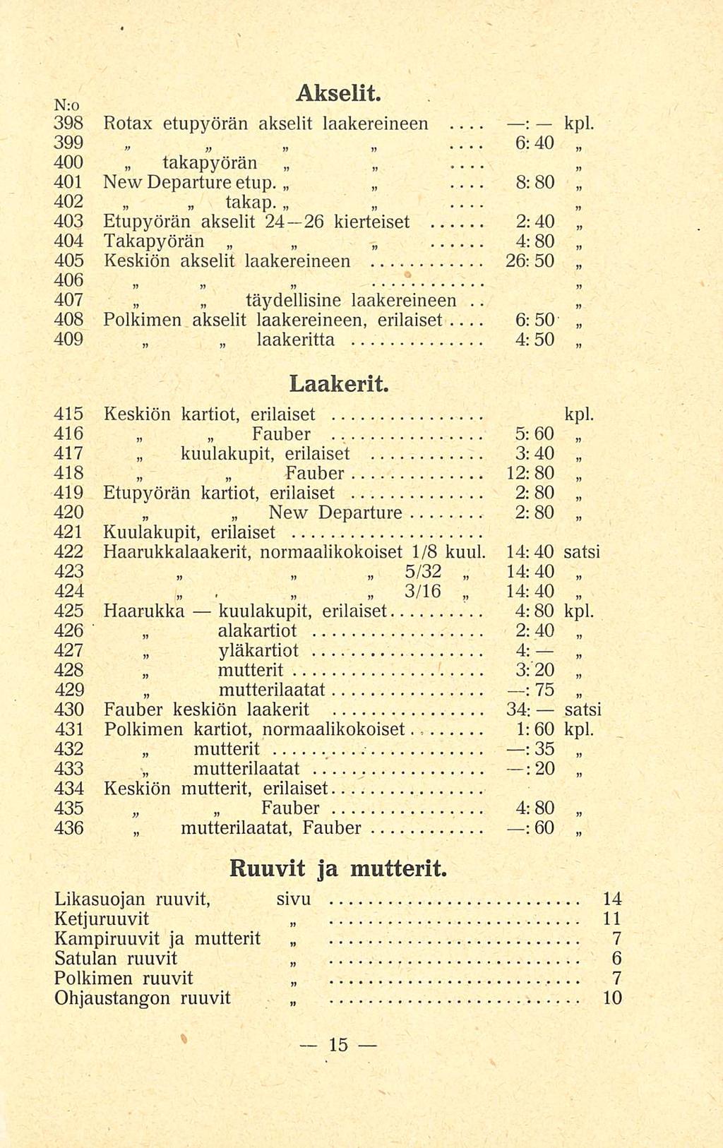 ...... 8:80. r N:o Akselit. 398 Rotax etupyörän akselit laakereineen 399 400 takapyörän 401 New Departure etup.... 6:40 : kpl. 402 takap.