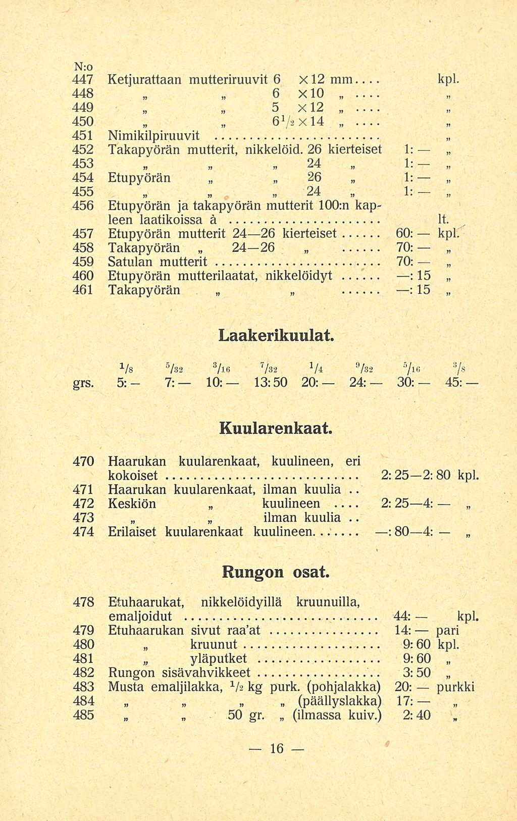 2:254: N:o 447 Ketjurattaan mutteriruuvit 6 Xl 2 mm,... kpl. 448 6 XlO 449 5x12, 450 6 1 / a Xl 4... 451 Nimikilpiruuvit 452 Takapyörän mutterit, nikkelöid.