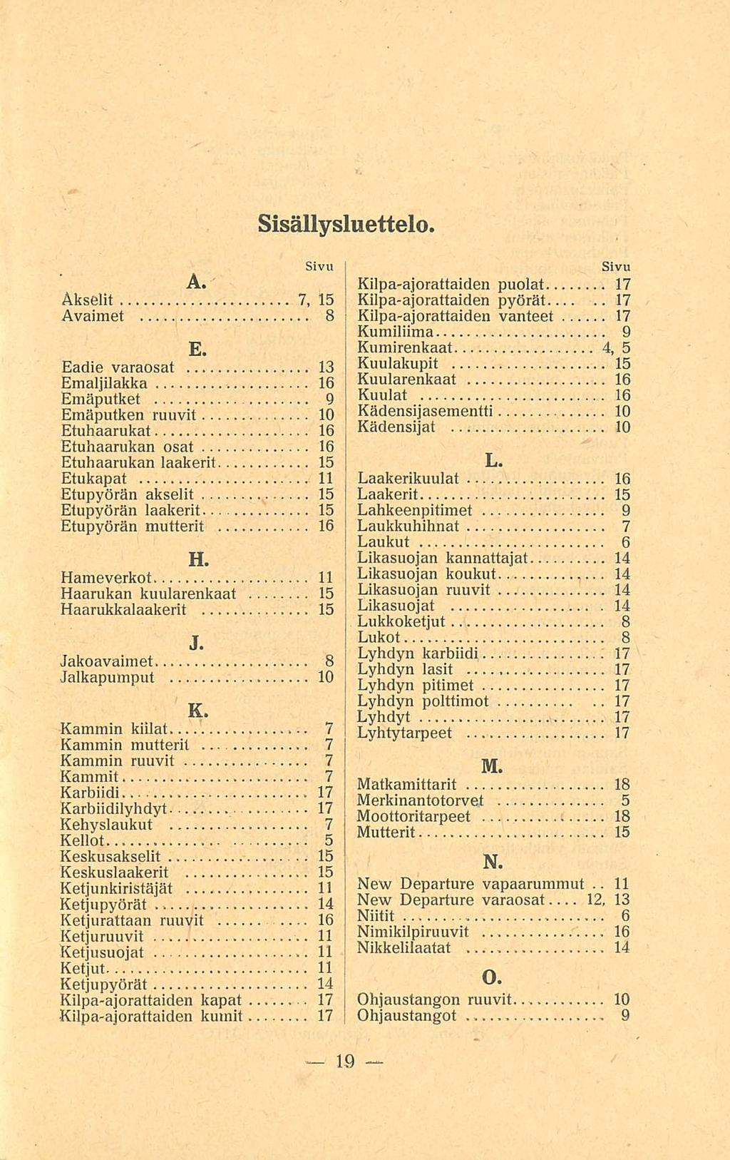 Sisällysluettelo. Sivu A. Akselit 7, 15 Avaimet 8 E. Eadie varaosat 13 Emaljilakka 16 Emäputket 9 Emäputken ruuvit 10 Etuhaarukat 16 Etuhaarukan osat 16 Etuhaarukan laakerit.