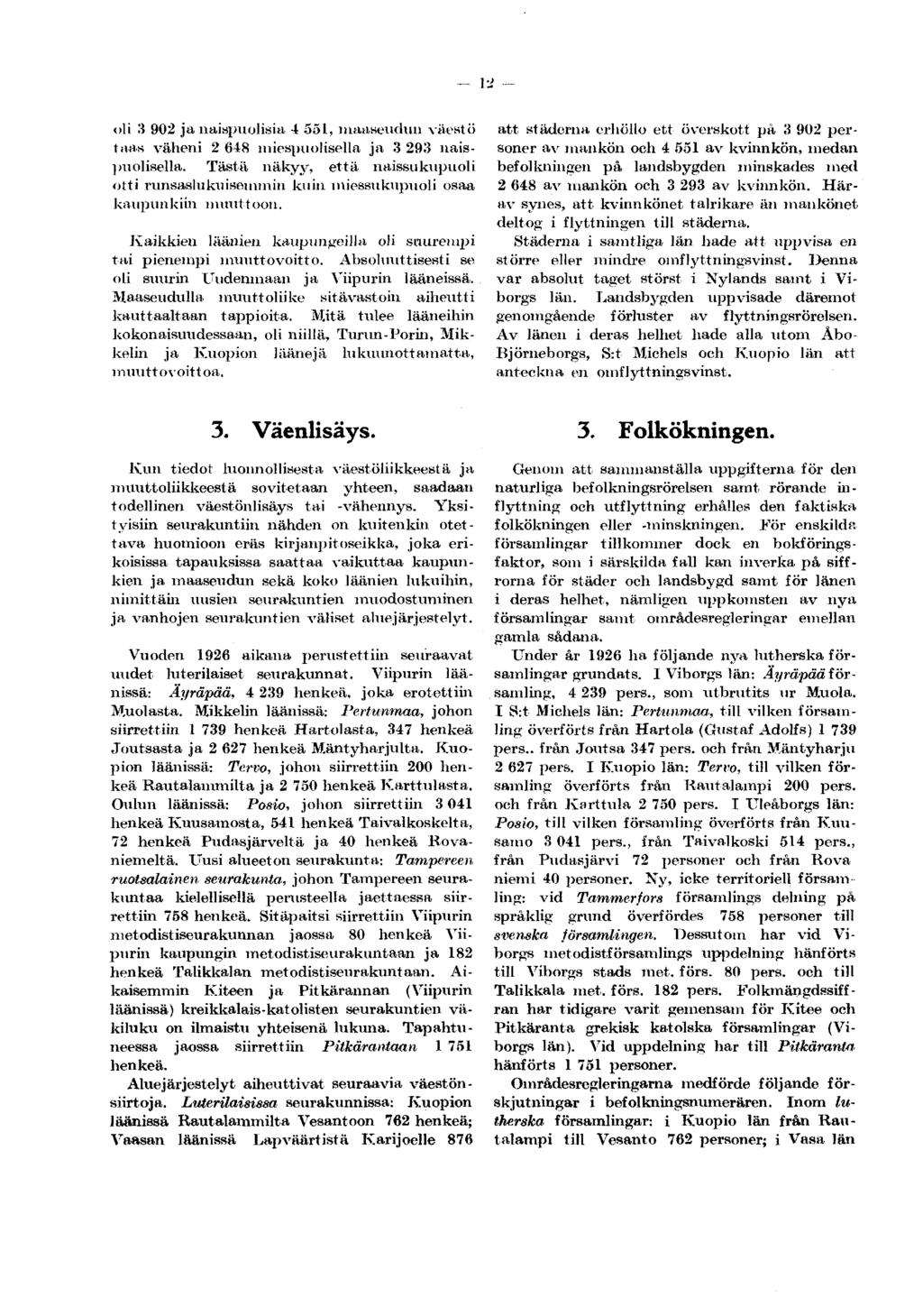 oli 3 902 ja naispuolisia 4 551, maaseudun väestö taas väheni 2 648 miespuolisella ja 3 293 naispuolisella.