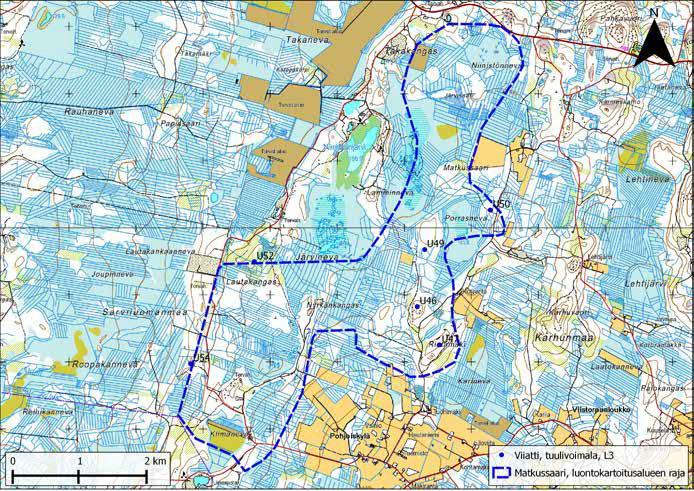 Kuva 2. Matkussaaren suunnitellut turbiinipaikat (siniset pallot). turbiinikohtaiset kasvillisuuskuvaukset Tässä osiossa esitetään jokaisen suunnitellun turbiinipaikan (kuva 2) kasvillisuus.