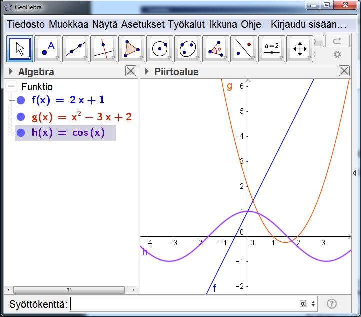 Piirretään seuraavien funktioiden kuvaajat: f(x) = 2x + 1 g(x) = x 2 3x + 2 h(x) = cos x Kirjoita syöttökenttään f(x) = 2x + 1 ja paina enter.