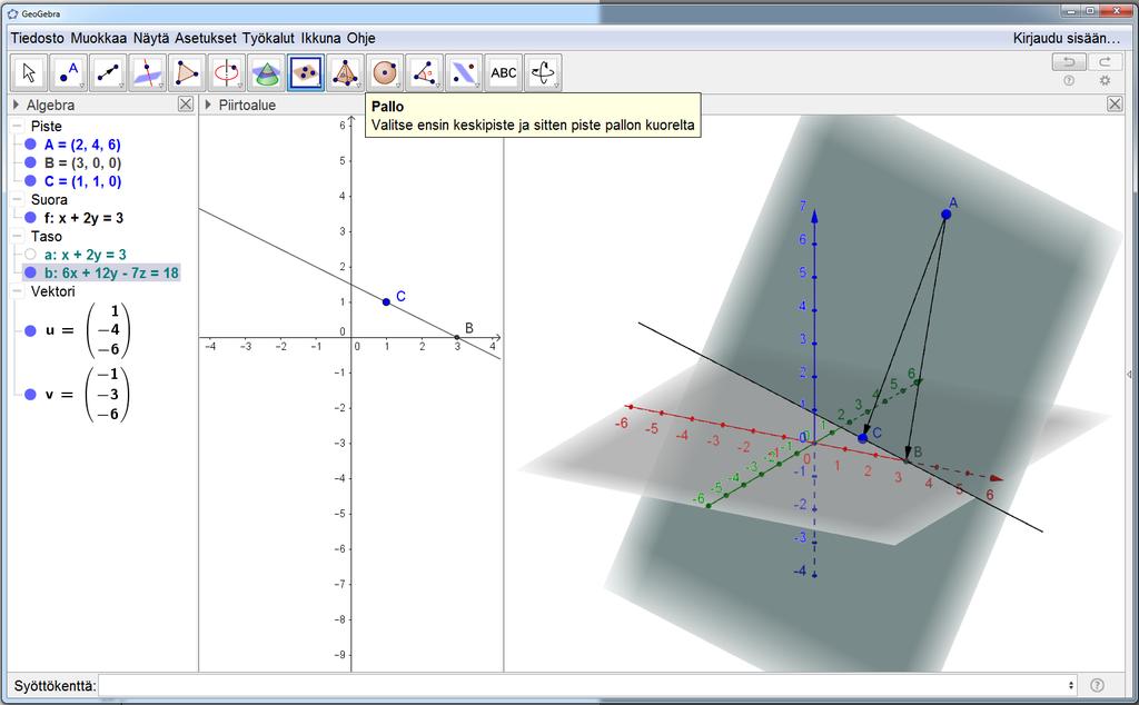 3d-mallinnuksella tason yhtälön saa suhteellisen helposti selville. Ensin piirretään Piirtoalueella suora x + 2y = 3. Sitten 3d-piirtoalueella piirretään pisteet A, B ja C sekä vektorit AB ja BC.