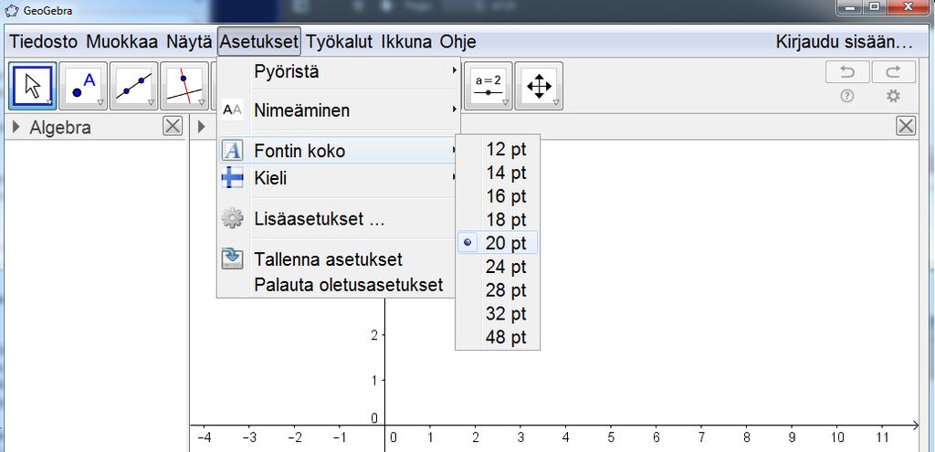 2 GeoGebran asetuksista GeoGebran oletusfontti on onnettoman pieni. Se kannattaa käydä vaihtamssa Asetukset-valikosta.