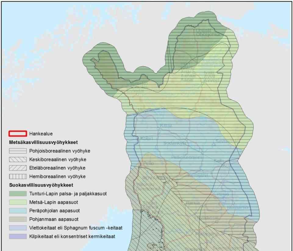 29 Kuva 5-8. Kasvillisuusvyöhykkeet. Hankealue on kesällä 2017 tehtyjen kasvillisuusselvitysten (Ramboll Finland Oy) perusteella pääosin kaivostoimintojen aluetta ja osin metsätalousaluetta.