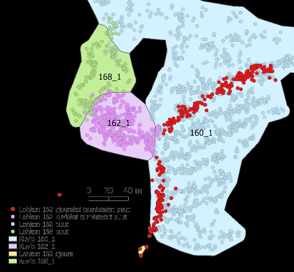 Esimerkki ajourapuiden yhdistämisestä kuvioihin Kuvion 160_1 puutietoihin siirretään lohkon 162 ajourapuista ne, jotka ovat kuvion 160_1 alueella. Kuvioiden aluerajaukset eivät muutu.