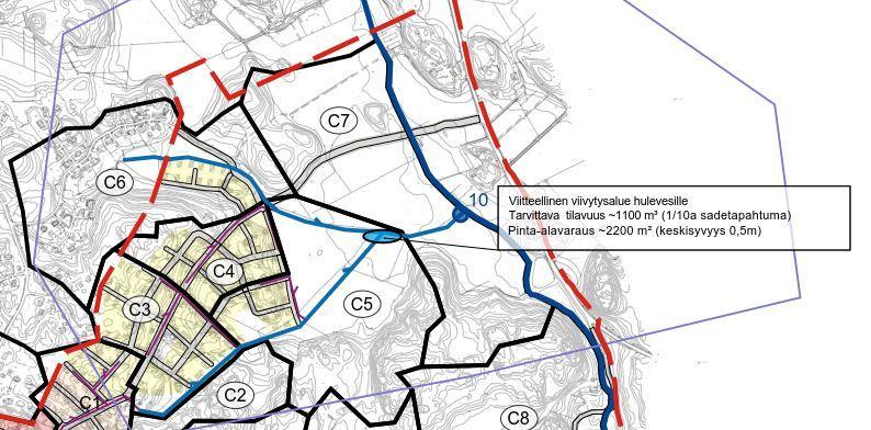 Hulevesiselvitys 2 / 4 Kuva 1 Ote Hulevesien hallintasuunnitelmakartasta (FCG 2012) Eriksnäsin hulevesiselvityksen mukaan hulevesiä tulee pidättää 1m 3 jokaista 100 vettä läpäisemätöntä