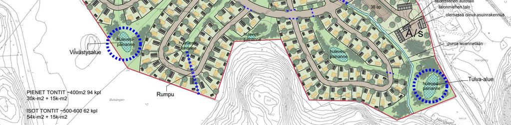 Asemakaavassa on varattu yhteensä noin 2 ha hulevesirakenteille, josta suurin alue yhteensä n. 5000 m 2 sijaitsee Eriksnäsin hulevesiselvityksen viitteellisessä viivytysalueen sijainnille.