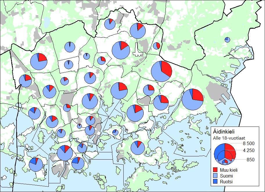 Helsingin kaupunki Pöytäkirja 22/2016 7 (14) Kartta 2: Alle 18-vuotiaat äidinkielen mukaan peruspiireittäin 31.12.