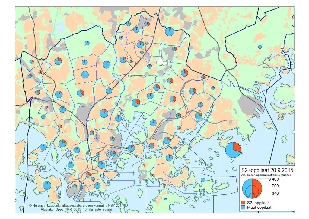 Helsingin kaupunki Pöytäkirja 22/2016 9 (14) Kartta 4: 1. 6. luokkien S2-oppilaat koulujen oppilaaksiottoaluiden pohjalta (20.9.2015) Koulujen oppilaaksiottoalueen koko ja alueen asuntokanta vaikuttavat koulun väestöpohjaan.