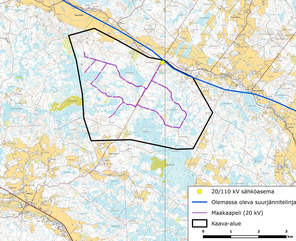 FCG SUUNNITTELU JA TEKNIIKKA OY Kaavaselostus 32 (87) Kuva 14 Kattiharjun tuulivoimapuiston alustava sähkönsiirto.
