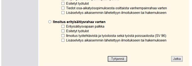 ilmoitukseen Huomaa etuuskohtaiset erot Jatka-painike