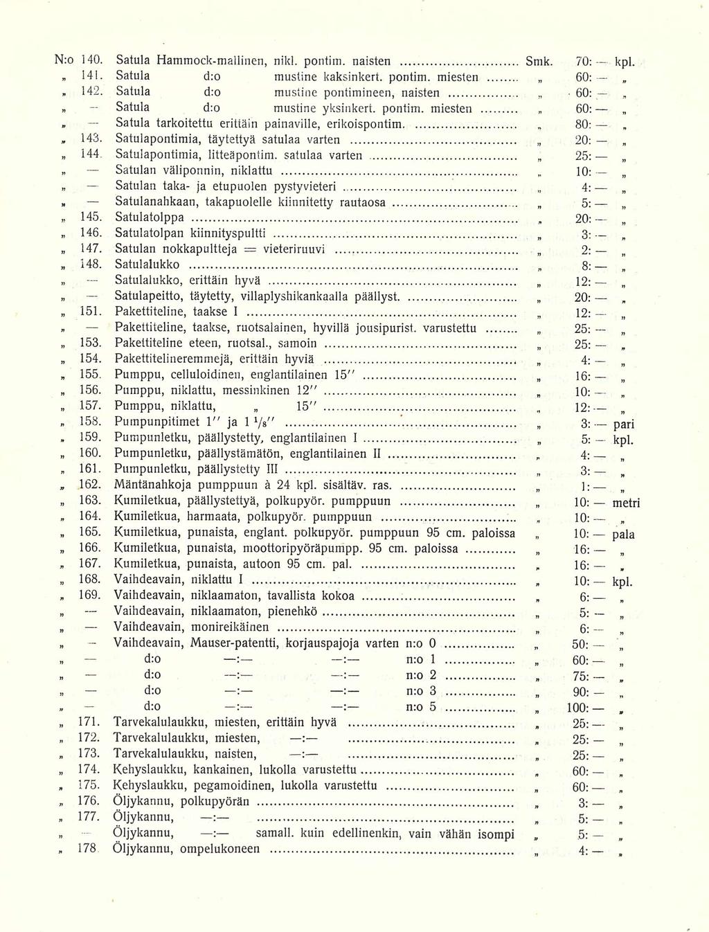 Satulan 158 * 164 172 80; N:o 140 Satula Hammockmallinen nikl pontim naisten Smk 70; kpl» 141 Satula d:o mustine kaksinkert pontim miesten 60; 142 Satula Satula 143 144 Satulan Satulanahkaan 145 146