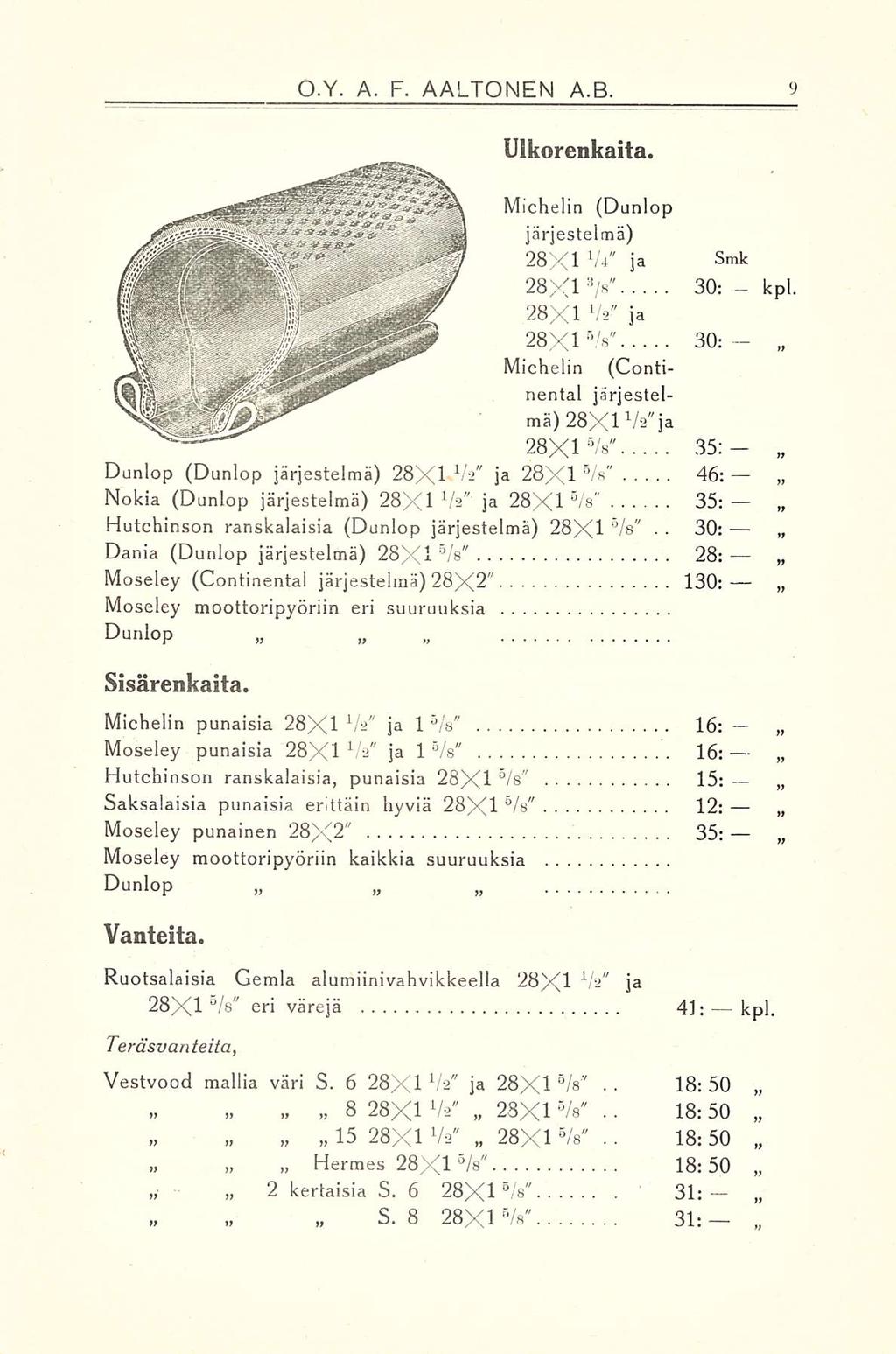 O.Y. A. F. AALTONEN A.B. Uikorenkaita. Michel in (Dunlop järjestelmä) 28X1 1 /i" ja 28X1 >" 28X1 Va" ja " 28X1 5/8 30: - Smk kpl.