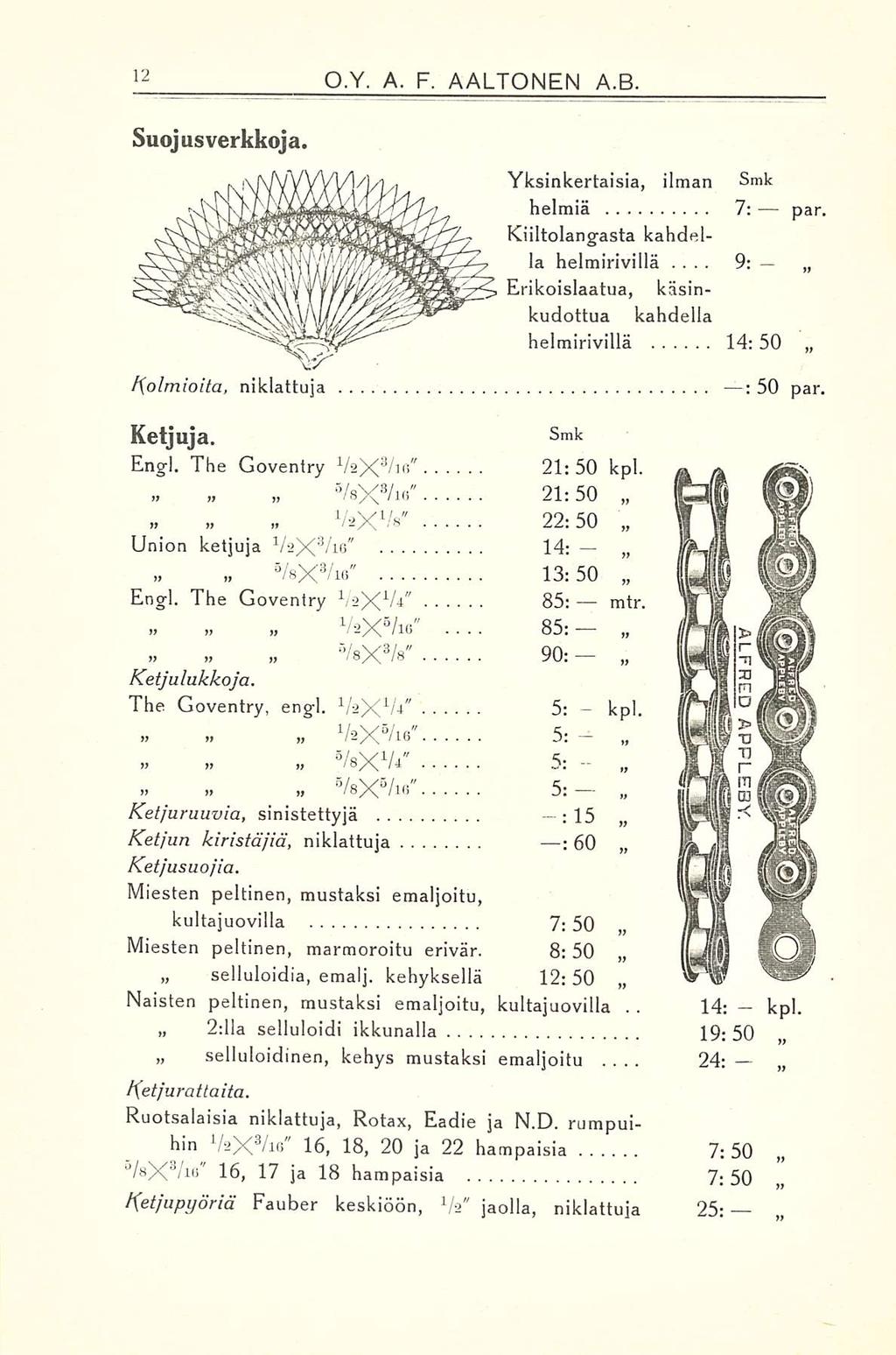 85: /8 X 3 / 16, 17 ja 18 hampaisia 7: 50 24; 14: 9: O.Y. A. F. AALTONEN A.B. Suojusverkkoja. Yksinkertaisia, ilman Smk helmiä 7: par, Kiiltolangasta kahdella helmirivillä.