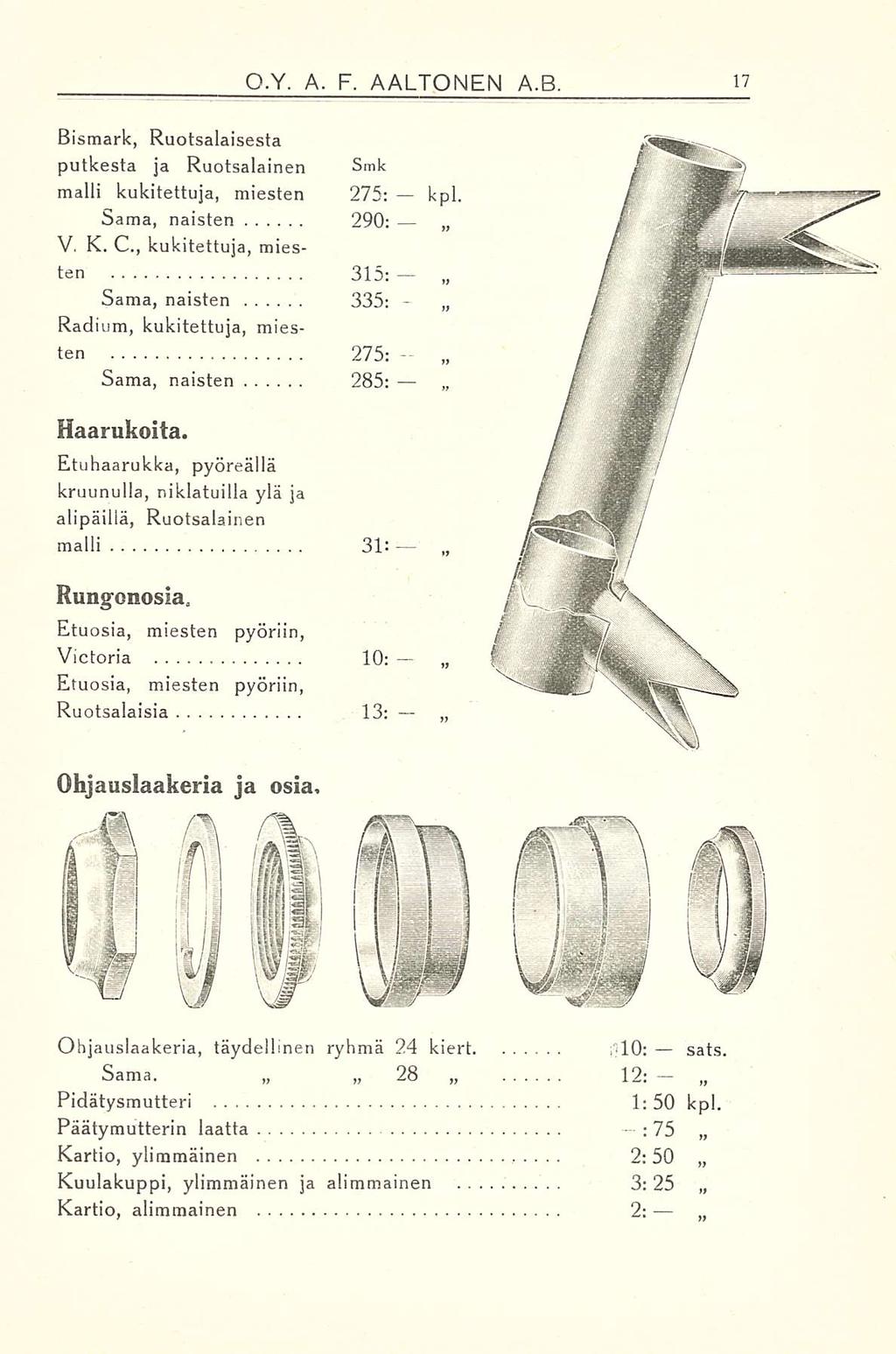 O.Y. A. F. AALTONEN A.B. Bismark, Ruotsalaisesta putkesta ja Ruotsalainen Smk malli kukitettuja, miesten 275: kpl. Sama, naisten 290: V, K. C.