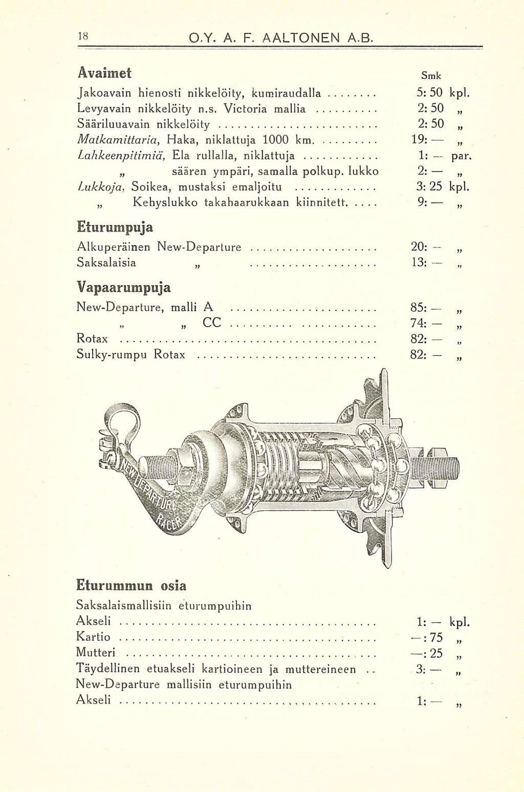 3: O Y. A. F. AALTONEN A.B. Avaimet Jakoavain hienosti nikkelöity, kumiraudalla Smk 5: 50 kpl. Levyavain nikkelöity n.s. Victoria mallia 2: 50 Sääriluuavain nikkelöity 2: 50 Matkamittaria, Haka, niklattuja 1000 km 19: Lahkeenpitimiä, Elä rullalla, niklattuja 1: par.