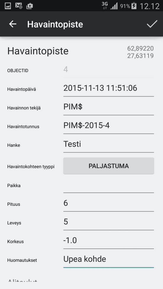 2.2 Havaintokohdelomake Havaintokohdelomake (Kuva 2) sisältää tiedot mm.