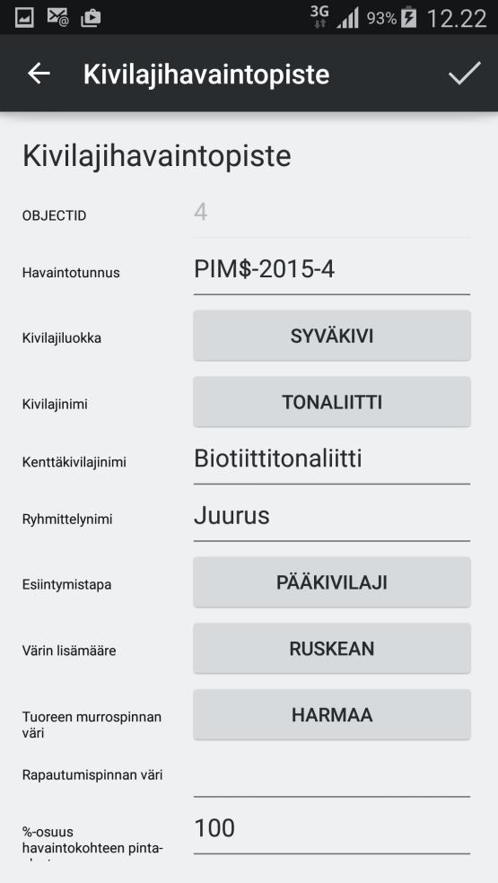 2.3 Kivilajihavaintopiste Kivilajihavaintopisteelle/-teille tallennetaan (Kuva 3) tiedot havaintokohteen kivilajista/-jeista: kivilajinimi, raekoko, väri, prosenttiosuus jne.