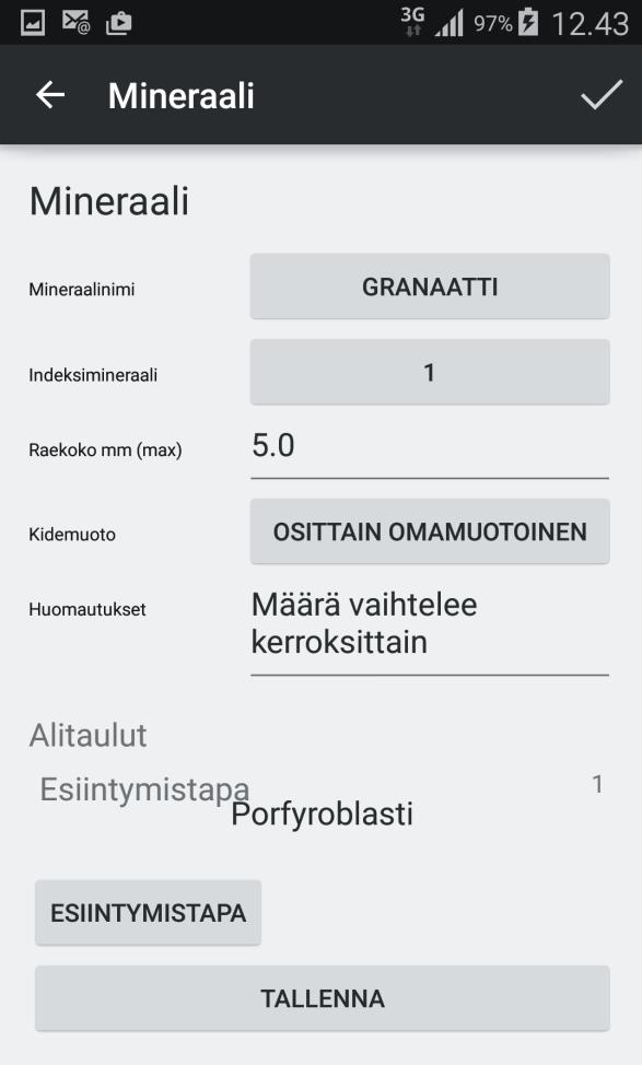 Mineraalin nimi, arvolista. Onko kyseessä indeksimineraali, esim. sarvivälke-biotiittigraniitissa, sekä sarvivälke että biotiitti ovat indeksi mineraaleja, joista biotiitti olisi 1 ja sarvivälke 2.