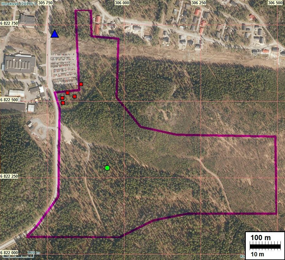 6 Tutkimusalue rajattu sinipunaisella. Havaittu kuopanne vihreä pallo, betonirakenteet punainen neliö.