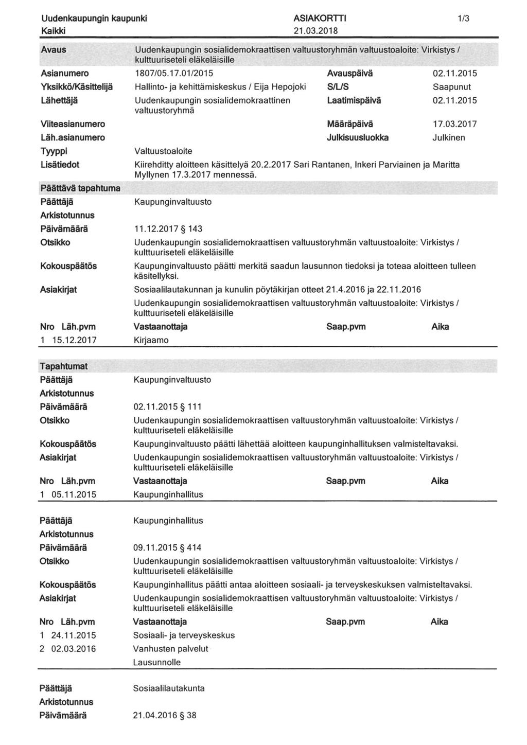 24 (31) 21. 03. 2018 1/3 Päättävä tapahtuma 1 15. 12. 2017 Uudenkaupungin sosialidemokraattisen valtuustoryhmän valtuustoaloite: Virkistys / kulttuuriseteli eläkeläisille 1807/05. 17.