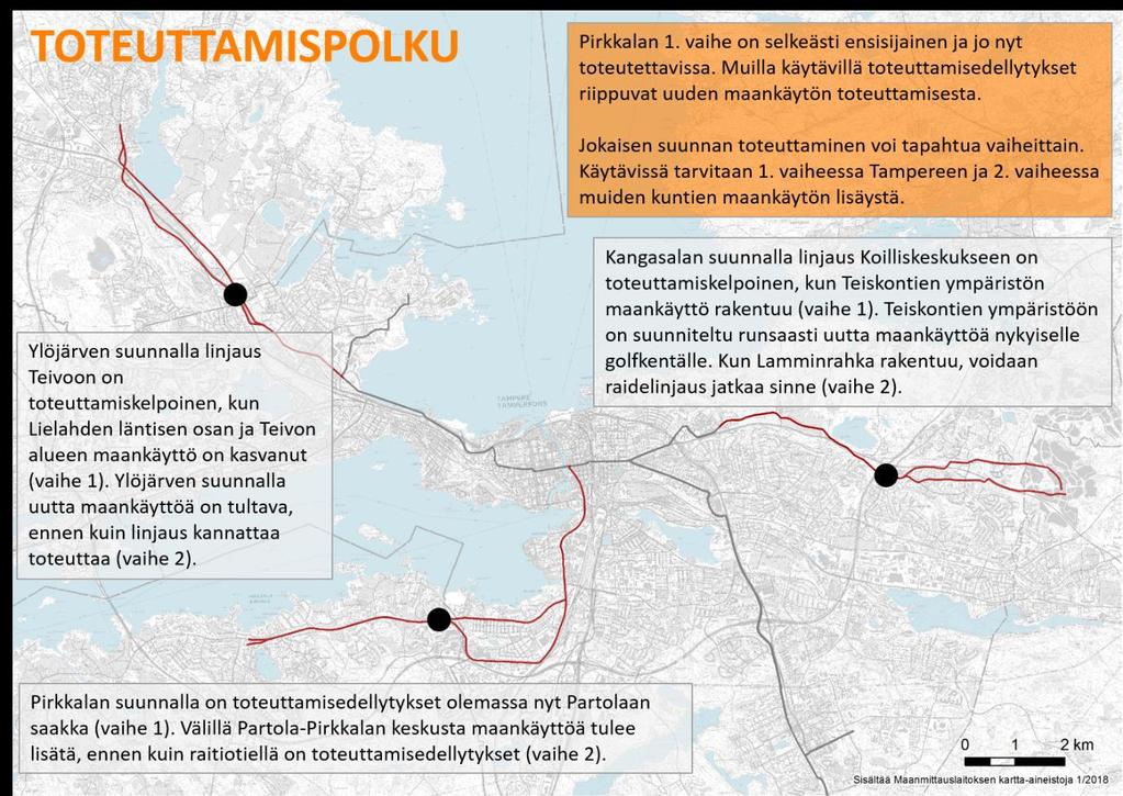 3.3 Raitiotielinjaston mahdollinen toteuttamisjärjestys ja vaiheistus Jokaisella käytävällä tarvitaan uutta maankäyttöä Pirkkalan ensimmäistä vaihetta lukuun ottamatta.