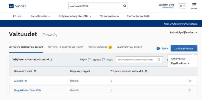 Tee uusi valtuuspyyntö yrityksen nimissä painamalla Lisää uusi