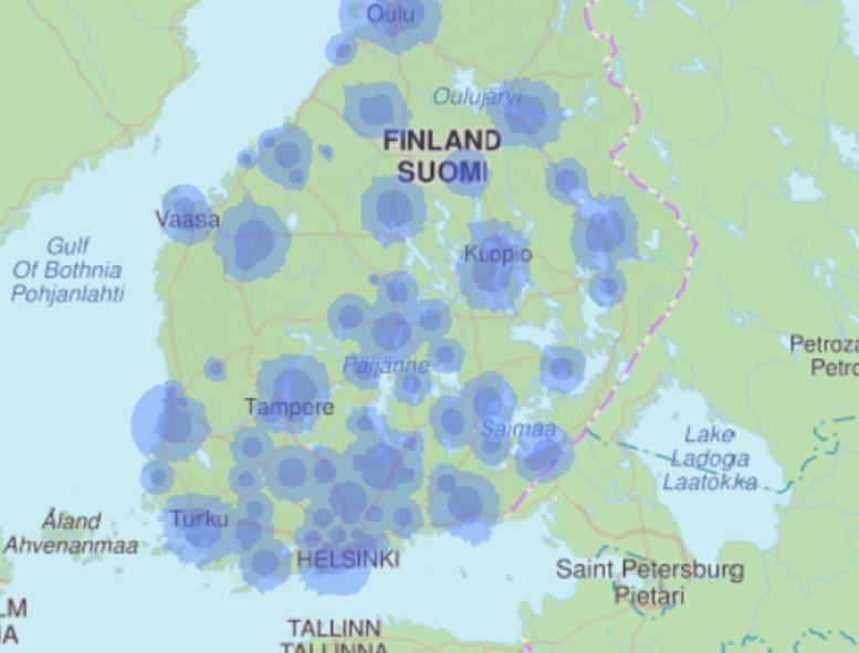 Kuva 12. Digitan IoT LoRaWAN-verkon peitto Suomessa.