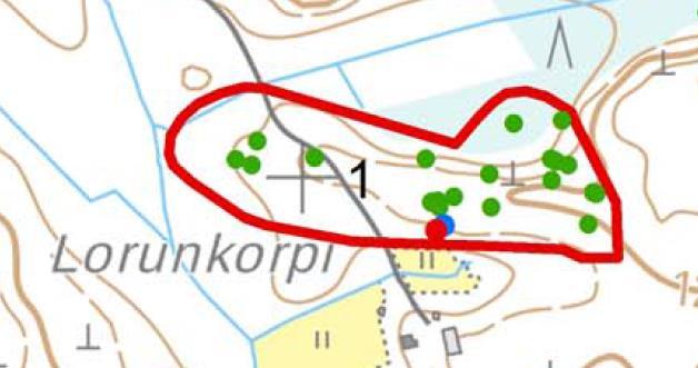 FCG SUUNNITTELU JA TEKNIIKKA OY Raportti 13 (21) Kuva 9. Lorunkorven liito-oravan elinalueen rajaus ja alueelta keväällä 20